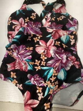 Merona Black Floral One-Piece Swimsuit with Pink & Teal Flowers
